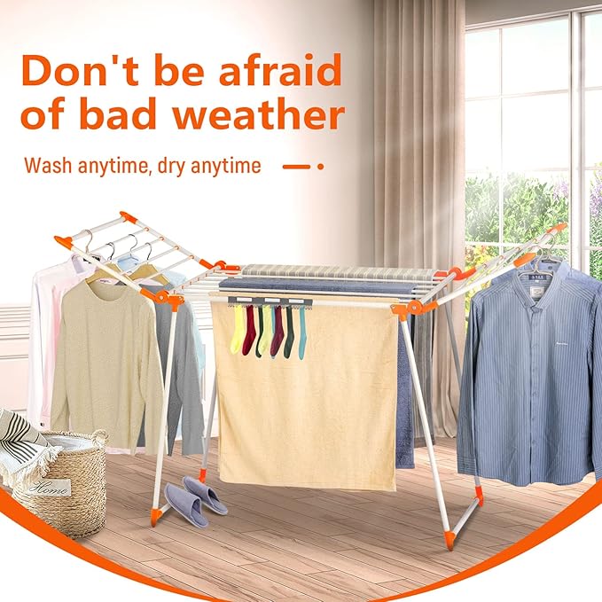 Clothes Drying Rack, Gullwing Laundry Rack, Collapsible, Space-Saving Laundry Rack, with Bonus Sock Clips, for Clothes, Towels, Linens, Indoor/Outdoor, Orange