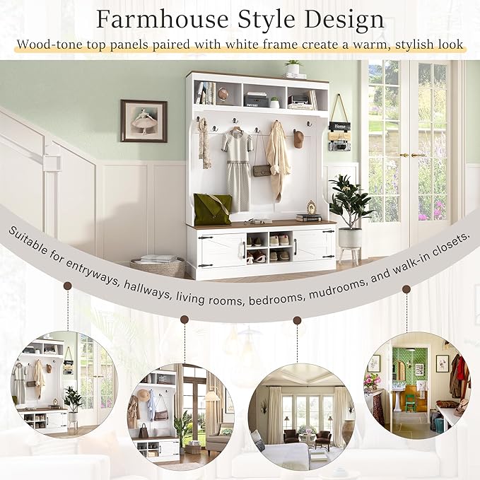 Farmhouse 71''H Hall Tree with Wooden Bench Seat, 5-in-1 Entryway Storage Organizer Cabinet with Bench and Shoe Storage, 4 Shoe Cubbies & 7 Hooks for Hallway, Entryway, Living Room