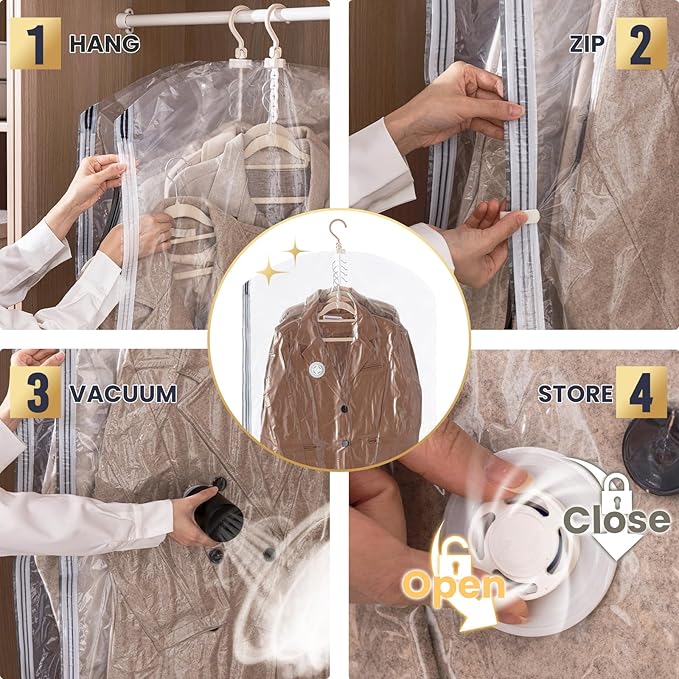 TAILI Hanging Vacuum Sealer Suction Space Saver Storage Bags for Clothes Travel with Electric Air Pump And Rolling Slide Clip for Coats, Closet Organizers, 6 Long