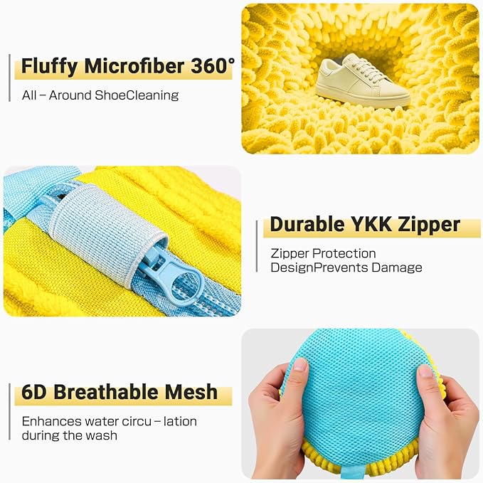Shoe Washing Machine Bag,Reusable Laundry Cleaning bags for Washer and Dryer Fluffy Fibers 360° Wrap-Around Cleaning for All Shoes with Adjustable Shoe Trees & Dust-Proof Bag (Yellow 4Pcs)