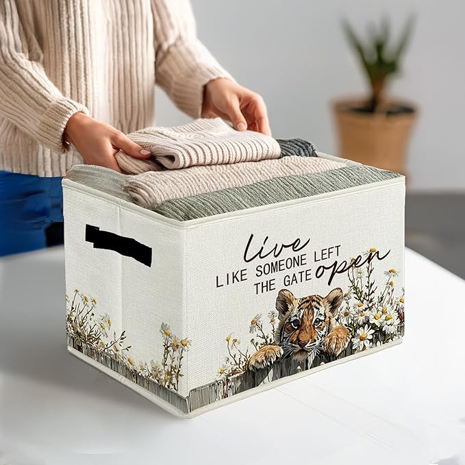 Rustic Tiger Storage Bins & Boxes with Handles, Farmhouse Tiger Foldable Basket for Organizing, Live Like Someone Left the Gate Open Collapsible Storage Basket for Bedroom Bathroom Clothes Toys