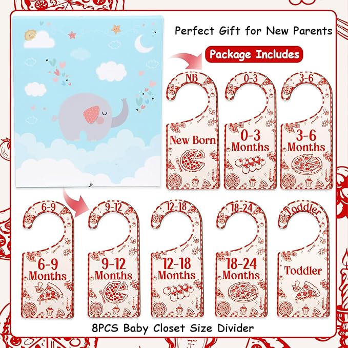 Baby Closet Dividers 8PCS, Red Italian Themed Wooden Double-Sided Clothes Size Hanger/Organizer from Newborn to Toddler for Nursery Decor Baby Shower Birthday Gender Reveal Party Gift