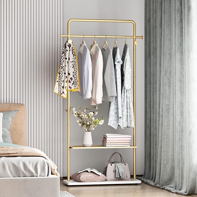 TIEOU Gold Clothing Racks with Shelf, Heavy Duty Gold Clothes Racks for Boutiques, Free-Standing Metal Garment Rack for Hanging Clothes, Modern Coat Rack Entryway