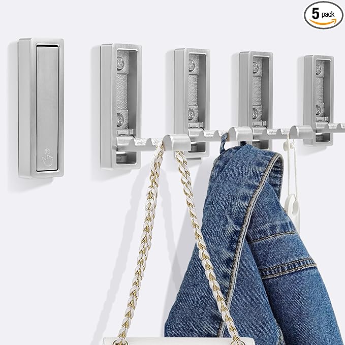 5PCS Heavy Duty Folding Coat Hooks - Zinc Alloy Wall Hooks for Coats, Scarves & Bags - Rustproof, Space-Saving Design for Bathroom, Entryway & Closet - Easy Install with Screws (Silver)