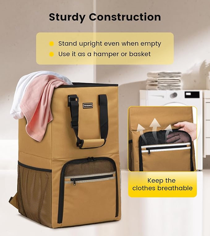Vorspack Laundry Bag Backpack - Extra Large Laundry Bags with Shoulder Straps Heavy-duty 2 in 1 Laundry Hamper Basket for College Dorm Camp Laundromat Room Essentials - Khaki