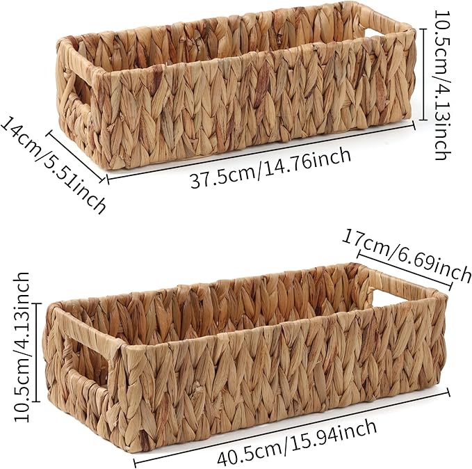 Wicker Storage Baskets with Handle Water Hyacinth Basket for Organizing Decorative Storage Bins for Countertop Toilet Tank Boho Rectangular Home Organizer (Natural, Set of 2)