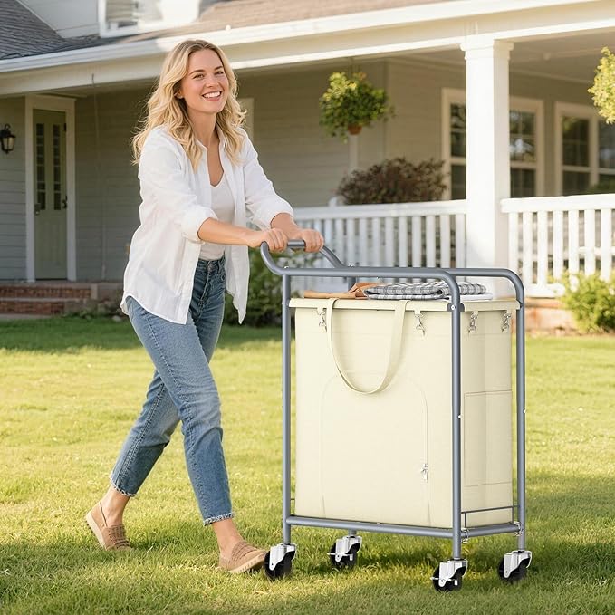 Laundry Basket with Wheels,150L Large Rolling Laundry Hamper, Heavy-Duty Laundry Cart Sturdy Metal Frame with Handle, Minimizes Bending Easy Access Clothing for Bedroom, Bathroom, Laundry Room (Beige)