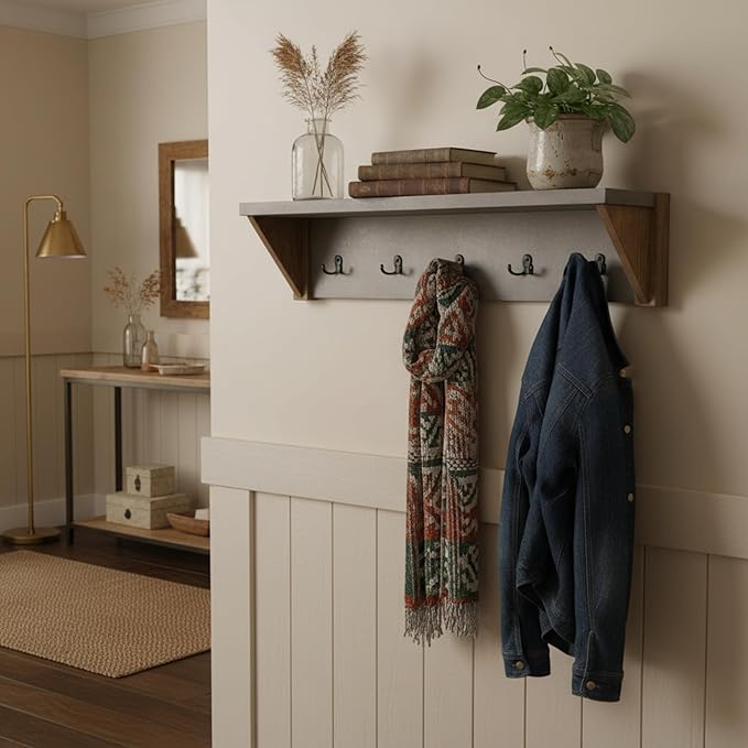 Alaterre Furniture Newport Entryway Collection – 40" Modern Industrial Wall Mounted Coat Rack with 5 Steel Double Hooks & Top Shelf – Easy Hang for Entryway, Hallway, or Mudroom (Concrete Gray)