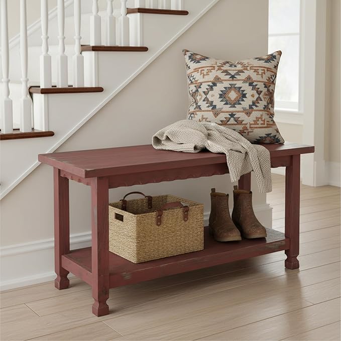 Country Cottage Rustic Farmhouse Bench – 36” Solid Wood Entryway Seat with Storage Shelf for Hallway, Mudroom, or Living Room Accent by Alaterre Furniture (Distressed Antique Red Finish)