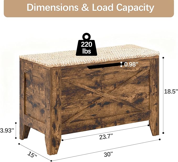 VECELO 30" Storage Bench, Shoe Bench with Handwoven Wicker Cushion, Ottoman Storage Trunk with Safety Hinges, Ideal for Entryway, Bedroom, Living Room, Brown