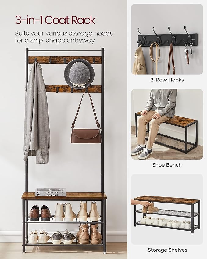 VASAGLE Coat Rack, Hall Tree with Shoe Storage Bench, Entryway Bench with Shoe Storage, 3-in-1, Steel Frame, for Entryway, 12.6 x 27.6 x 68.9 Inches, Industrial, Rustic Brown and Black UHSR41BX