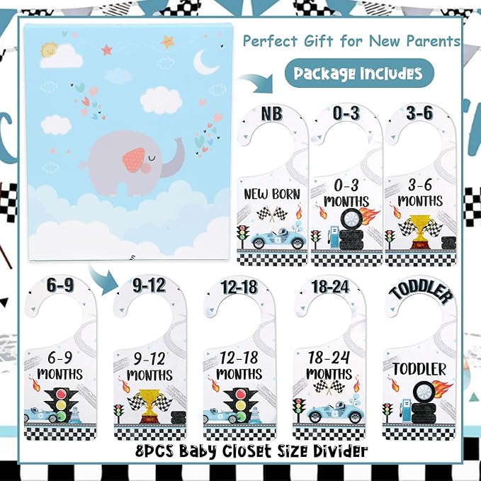 Baby Closet Dividers 8PCS, Racing/Race Car Theme Wooden Double-Sided Clothes Size Hanger Organizer from Newborn to Toddler for Nursery Decor Baby Shower Birthday Gift (Includes Gift Box)