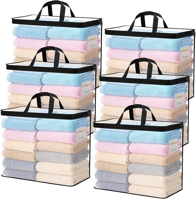 Vieshful 6 Pack Clear Storage Bags for Clothes, 19.3" × 15.4" × 8.3" Clear PVC Mesh Clothing Organizers with Zipper for Blankets, Clothes, Bedding, Sweater, Toys & Closet Storage, 40L Black
