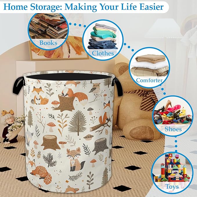 Woodland Fox Laundry Basket Collapsible Laundry Hamper, Oxford Cloth Storage Bin for Room/Bathroom/Bedroom/Dormitories 16" X 20.8"