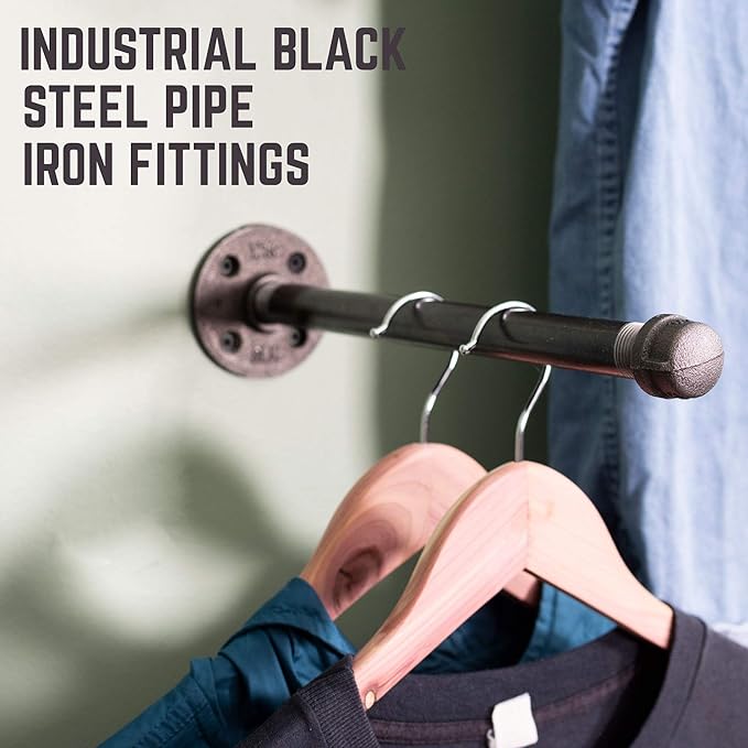 PIPE DECOR Industrial Pipe Wall Mounted Clothing Rack, Commercial or Residential Wardrobe Clothes Display, Heavy Duty Rustic Vintage Steel Grey Black Metal Garment Bracket Frame, 4 X 12" Brackets