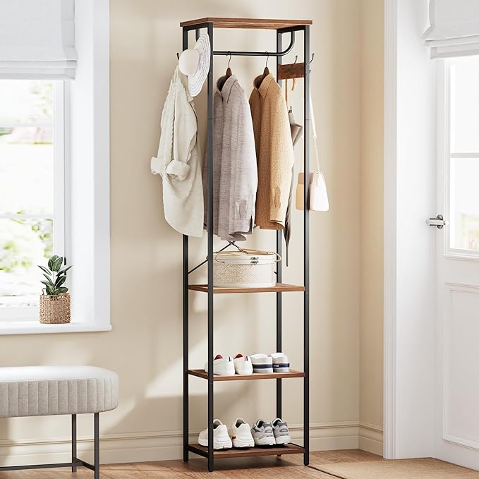 Coat Rack With Hanging Rod, Garment Rack With 3 Wooden Shelves and 4 Hooks, Freestanding Hall Tree, Industrial Clothes Rack Stand Organizer, Rustic Brown and Black