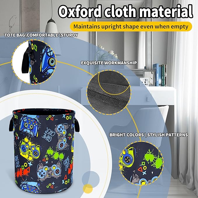 Game Laundry Basket Gamer Game Controller Foldable Waterproof Oxford Cloth Funny Tote Bag Laundry Hamper Clothes Storage Bucket Toy Organizer For Bathroom/Laundry Storage/Bedroom 18.9x16.5 Inch