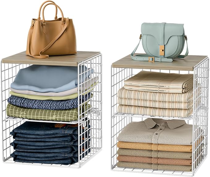 4-Tier Stackable Closet Organizers and Storage, Adjustable Dividers & Wood Top Storage Shelves for Clothes, Wardrobe & Closet Storage Basket Bins/Cube, Space-Saving Closet Organizer System, White