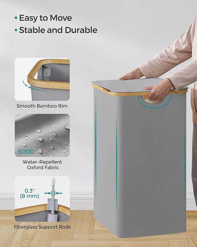 SONGMICS Laundry Hamper with Lid, 2-Section Large Laundry Basket, 34.3-gallon (130L), Removable Mesh Liner, Bamboo Handles, Collapsible, 20.5 x 15.2 x 27.8 Inches, Dove Gray ULCB513G01