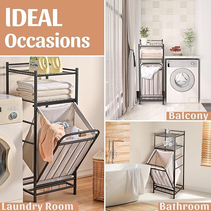 PLKOW Tilt Out Laundry Hamper with Shelf, Laundry Basket Laundry Hamper Cabinet with Removable Liner Bag, 65 Liter, 15.8L x 15.8W x 40H Inch