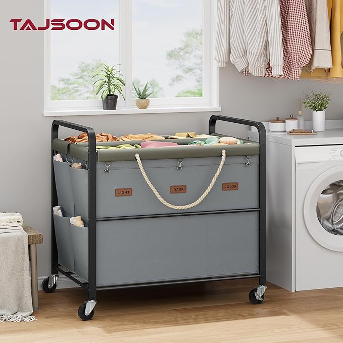 Tajsoon 295L Extra Large Laundry Cart 6 Section, Heavy Duty Laundry Sorter with Lockable Wheels, Laundry Basket with Sturdy Metal Frame, Leather Patchwork Laundry Separated with Removable Bags, Grey
