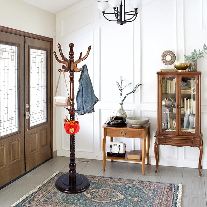 Coat Rack Freestanding,Solid Wooden Coat Rack Stand with 3 Height Options,14 Hooks, Natural Birch Coat Tree Easy to assemble for Clothes Jacket Hat bag Entryway (mahogany) (retro round)