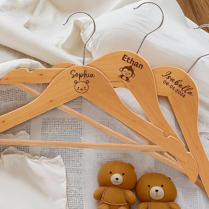 Personalized Baby Hangers with Name, Engraved Kids Hanger with Pants Bar for Children & Toddler Shirt Coat Holder with 360° Rotatable Hook, Closet Wardrobe for Children, Non Slip Hangers Gift- 2 Pack