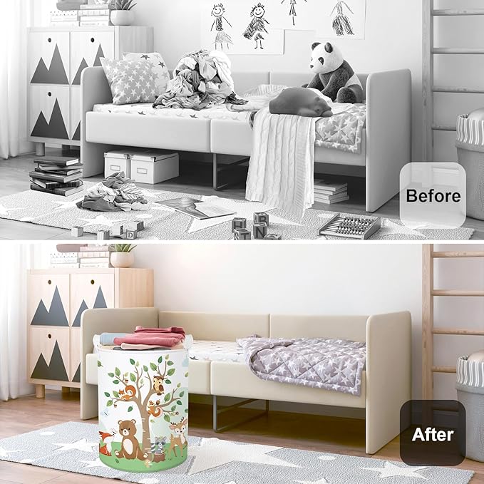 Forest Animals Laundry Hamper Woodland Tree Large Storage Basket Parents Organizer Kids Clothes Toy Bins for Bedroom, Bathroom, Squirrel, 63L