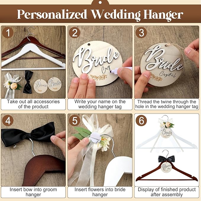 2 Pack Bride and Groom Wedding Hanger Set with Ribbon Bow Wooden Dress Suit Hanger Gift for Wedding Bridal Party Photo Decor(Brown, White,Flower)