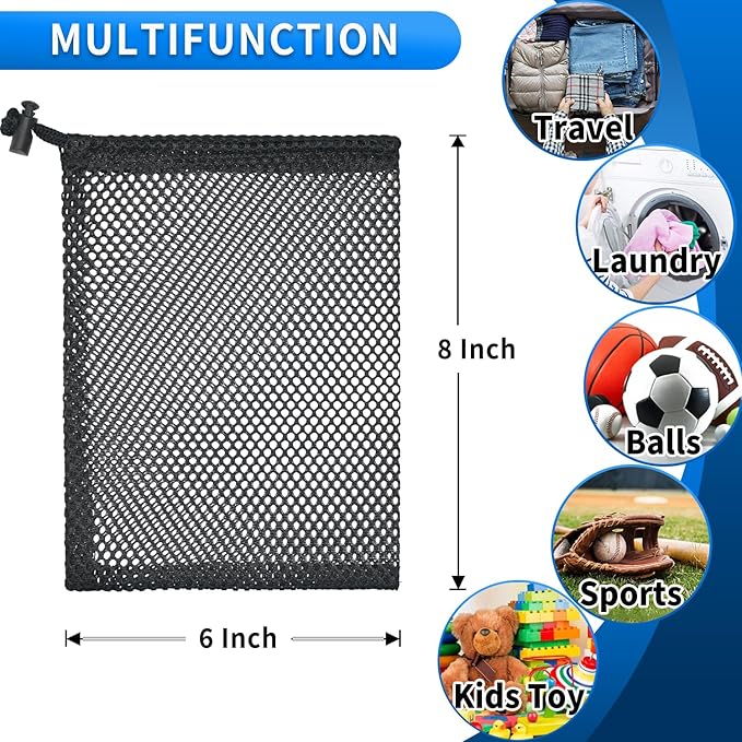 10 Pcs Mesh Drawstring Bag 6" x 8" with Cord Lock Closure, Durable Mesh Bag for Laundry Travel Beach Toys Seashell Collecting (Black)