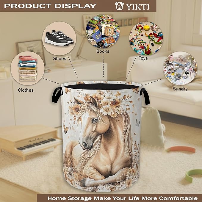 Horse Laundry Basket,Gold Flower Butterfly Clothes Hamper,Oxford Cloth Collapsible Nursery Hamper Storage Organization for Bedroom,Bathroom,Office,College Dorms,16x20 Inch