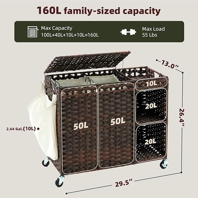 Laundry Hamper with Lid, 160L Rattan Wicker Laundry Basket with Wheels, Handwoven Laundry Hamper 2-Section with Storage shelf(42.3 Gal), Laundry Sorter Basket with Removable Liner, Brown HLH032BR