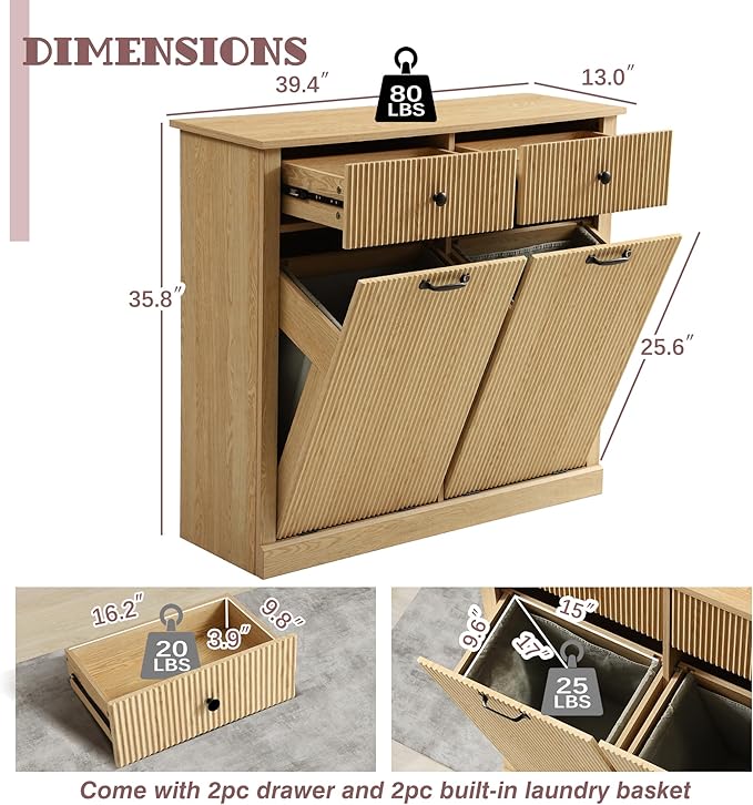 Modern Double Tilt Out Laundry Hamper Cabinet, Fluted 22 Gallon Hidden Garbage Cabinet with Storage Baskets, Wooden Trash Can Cabinets with Drawers (Natural Oak, 13"D x 39"W x 36"H (Full))