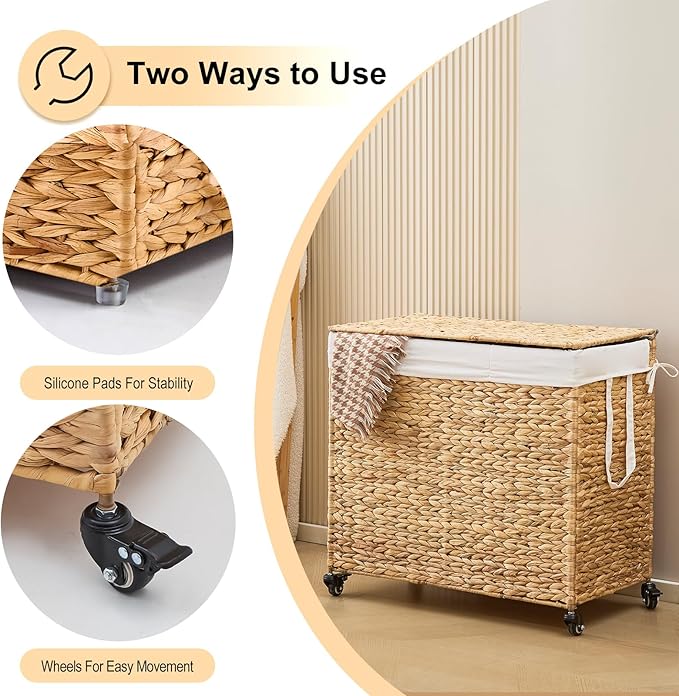 3-Section Laundry Hamper with Lid, Large Capacity Woven Natural Water Hyacinth Laundry Sorter with Removable Liners, Rolling or Non-Slip Design for Bedroom (Natural, 155L)
