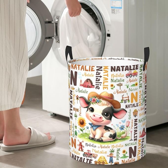 Personalized Farm Cow Laundry Basket For Baby Kids Boys Girls Adult Custom Hamper Basket With Name For Bathroom Bedrooms Collapsible Baby Laundry Basket, Dirty Clothes Hamper With Handles