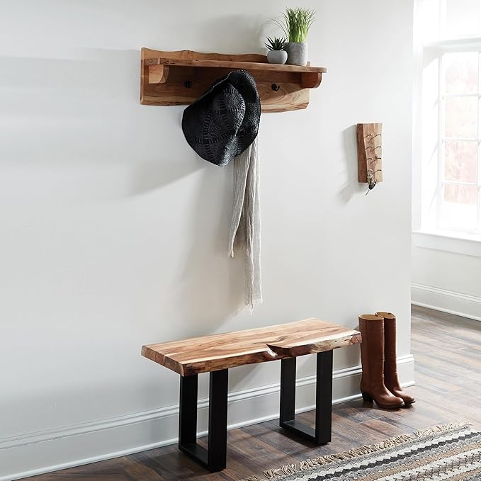 Alaterre Furniture Alpine Natural Live Edge Wood Coat Rack – 36" Solid Wood Wall-Mounted Coat Hook with Top Shelf & 4 Hooks – Modern Farmhouse Storage Organization for Entryway, Hallway, or Mudroom