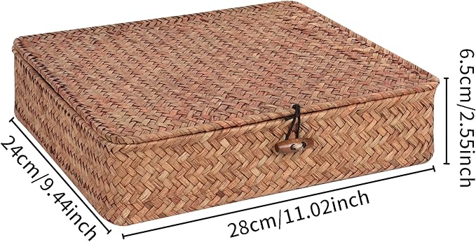 Flat Wicker Shelf Baskets with Lid, Handwoven Seagrass Basket Boxes for Storage Baskets Bins Home Decor Organizer (Coffee Small)