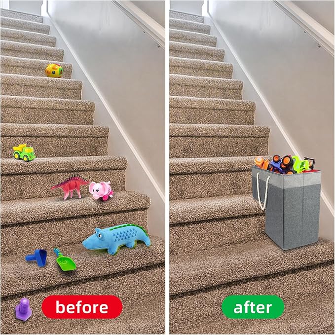 Stair Basket for Stairs with Handle, Staircase Baskets for Carpeted and Wooden Stairs,16" Step Storage Laundry basket for Stairs, Toys, Clothes, Books, Tools, Magazine, with Hard Board, Anti-slip