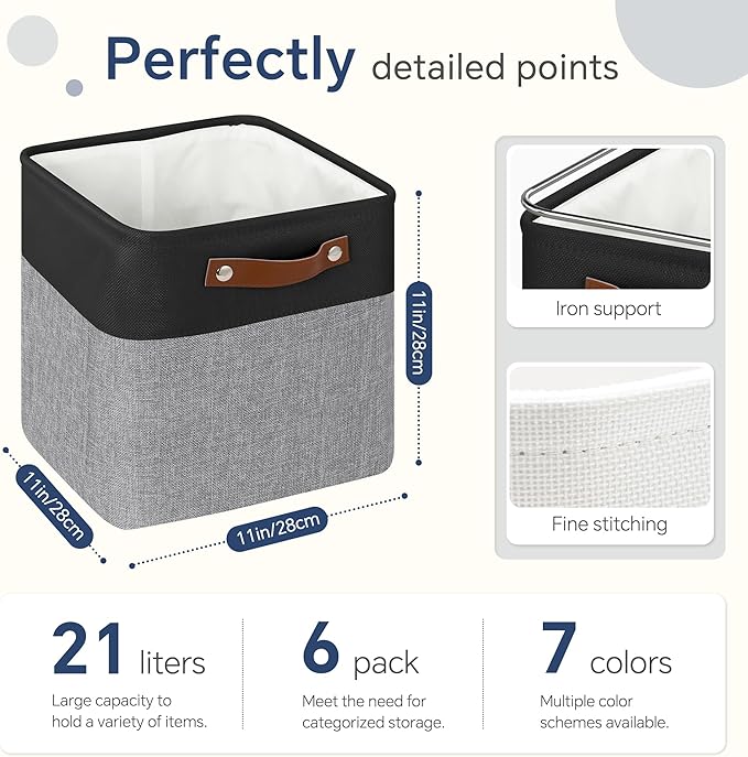 Cube Storage Baskets 6 Pack, 11x11 inch Cube Storage Bins with Leather Handles for Shelf Closet (Black/ Gray)