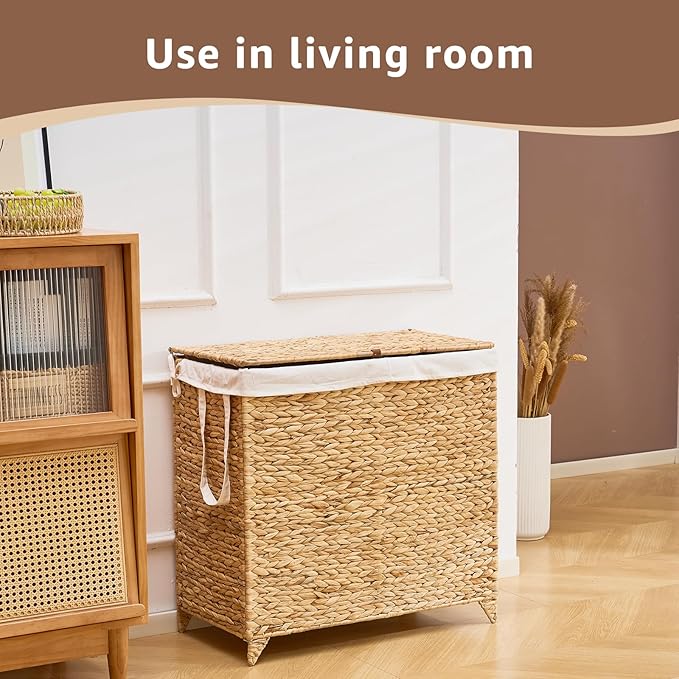 Handwoven Laundry Hamper with Lid, Natural Hyacinth Heightened Feet Laundry Basket, Wicker Clothes Hamper with Removable Liner Bag (Natural-A, 120L)