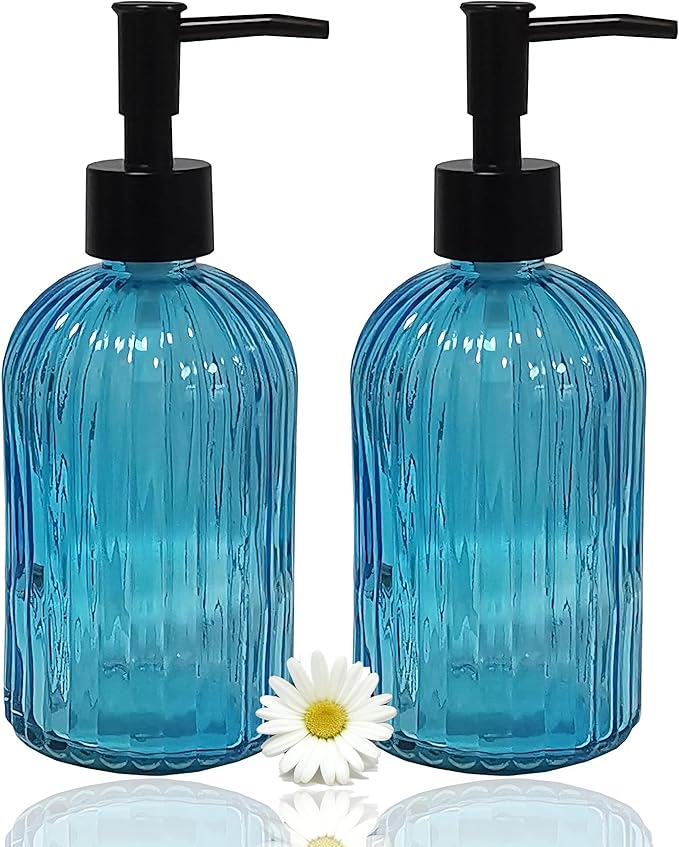 Blue Glass Dish Soap Dispenser, 13.5oz Refillable Liquid Hand Soap Dispenser, Lotion Dish Dispenser for Modern Home Decor, Kitchen Countertop, Bathroom, Hotel (2 Pack)