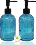 Blue Glass Dish Soap Dispenser, 13.5oz Refillable Liquid Hand Soap Dispenser, Lotion Dish Dispenser for Modern Home Decor, Kitchen Countertop, Bathroom, Hotel (2 Pack)