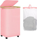 Pink Hamper with Wheels - 100L Large Laundry Hamper with Lid, Rolling Hamper on Wheels, Collapsible Laundry Basket with Removable Mesh Bag and Bamboo Handle for Easy Carrying