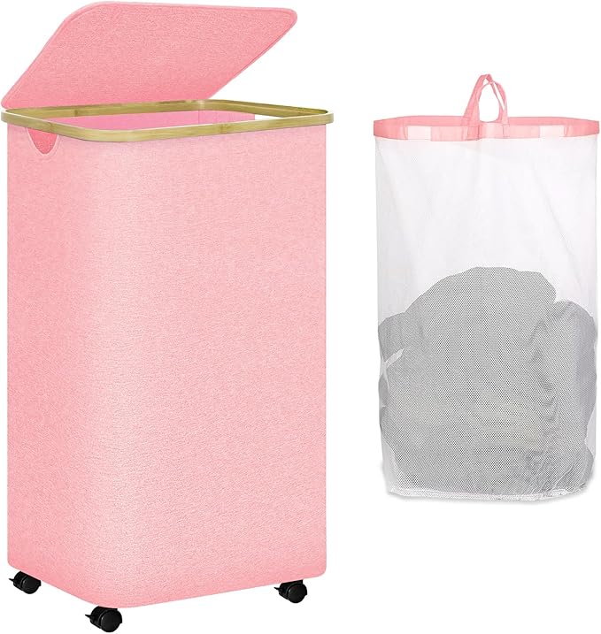 Pink Hamper with Wheels - 100L Large Laundry Hamper with Lid, Rolling Hamper on Wheels, Collapsible Laundry Basket with Removable Mesh Bag and Bamboo Handle for Easy Carrying