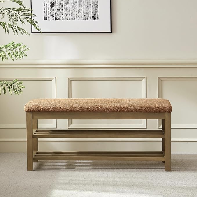 VKNOW Entryway Bench, 44.3” Upholstered Shoe Bench for Bedroom, 2-Tier Storage End of Bed Bench with Rubberwood Legs for Living Room, Hallway, Orange