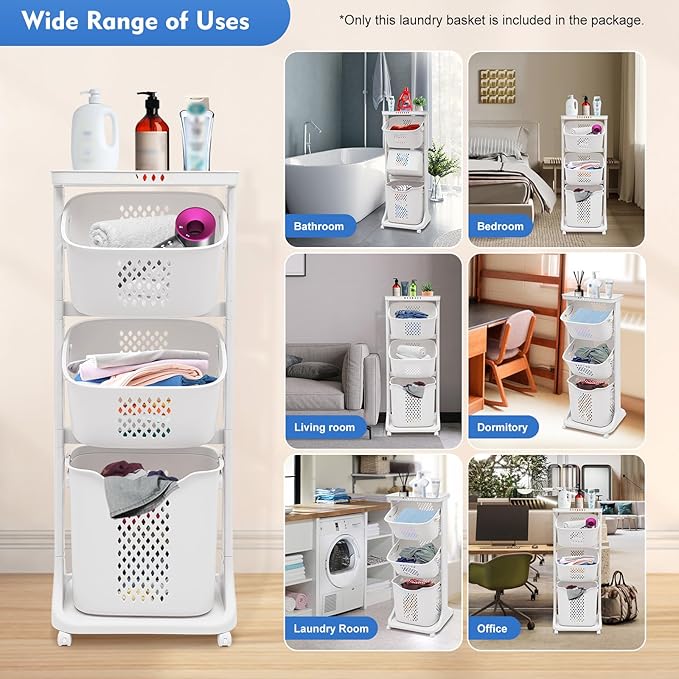 White Laundry Basket Removable Storage Basket 3 Tier Multi-purpose Rolling Laundry Basket with 4 Wheels Laundry Washing Hampers Basket Shelf Cart Clothes Storage Basket for Household Bathroom Kitchen