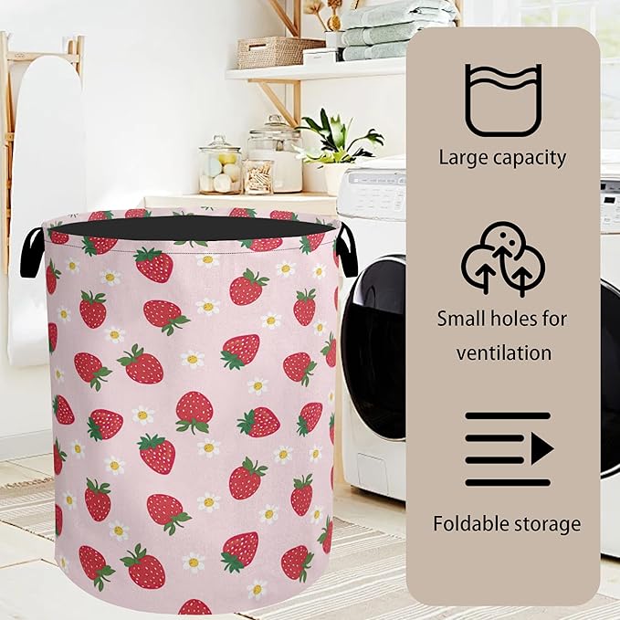 Cute Pink Strawberry Laundry Basket, Extra Large Foldable Hamper for Bathroom/Laundry/Bedroom/Dorm, Washable Fabric Storage Bin with Handle