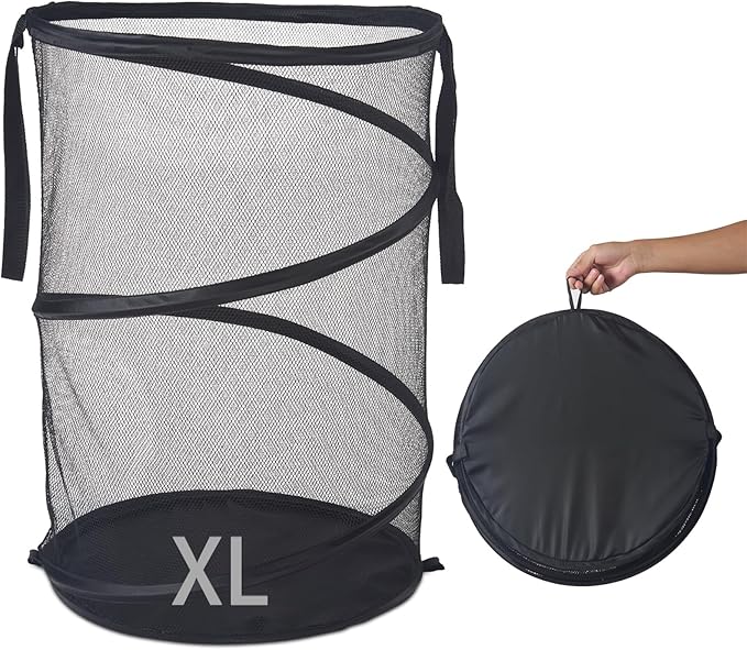 Seiritex Mesh Popup Laundry Hamper 115L Foldable Laundry Basket Extra Large Capacity Collapsible Clothing Storage Basket with Handles 26 H x 18 W x 18 L (Black)