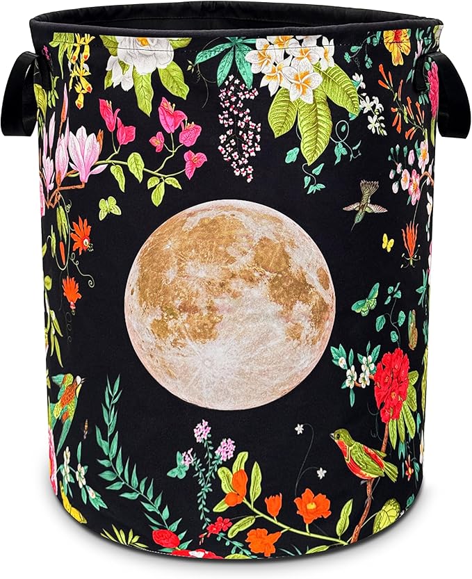 Moon Flower Laundry Basket Beautiful Floral Foldable Oxford Cloth Funny Tote Bag Laundry Hamper Clothes Storage Bucket Toy Organizer For Bathroom/Laundry Storage/Bedroom 18.9x16.5 Inch