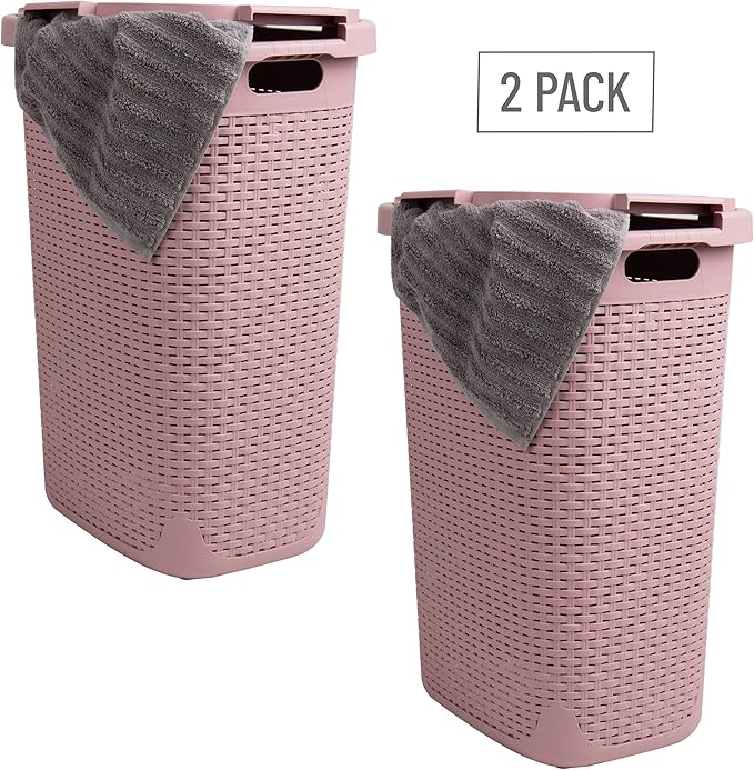 Mind Reader Slim Laundry Hamper with Lid, 60L Tall Clothes Basket, Narrow Tapered Design for Bathrooms, Closets and Laundry Rooms, Plastic, 2 Pack, Pink